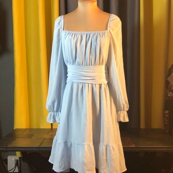 NWT Exlura Baby Blue Mini Dress Lantern Sleeves Tie Back Ruched Waist Size M - Picture 1 of 8